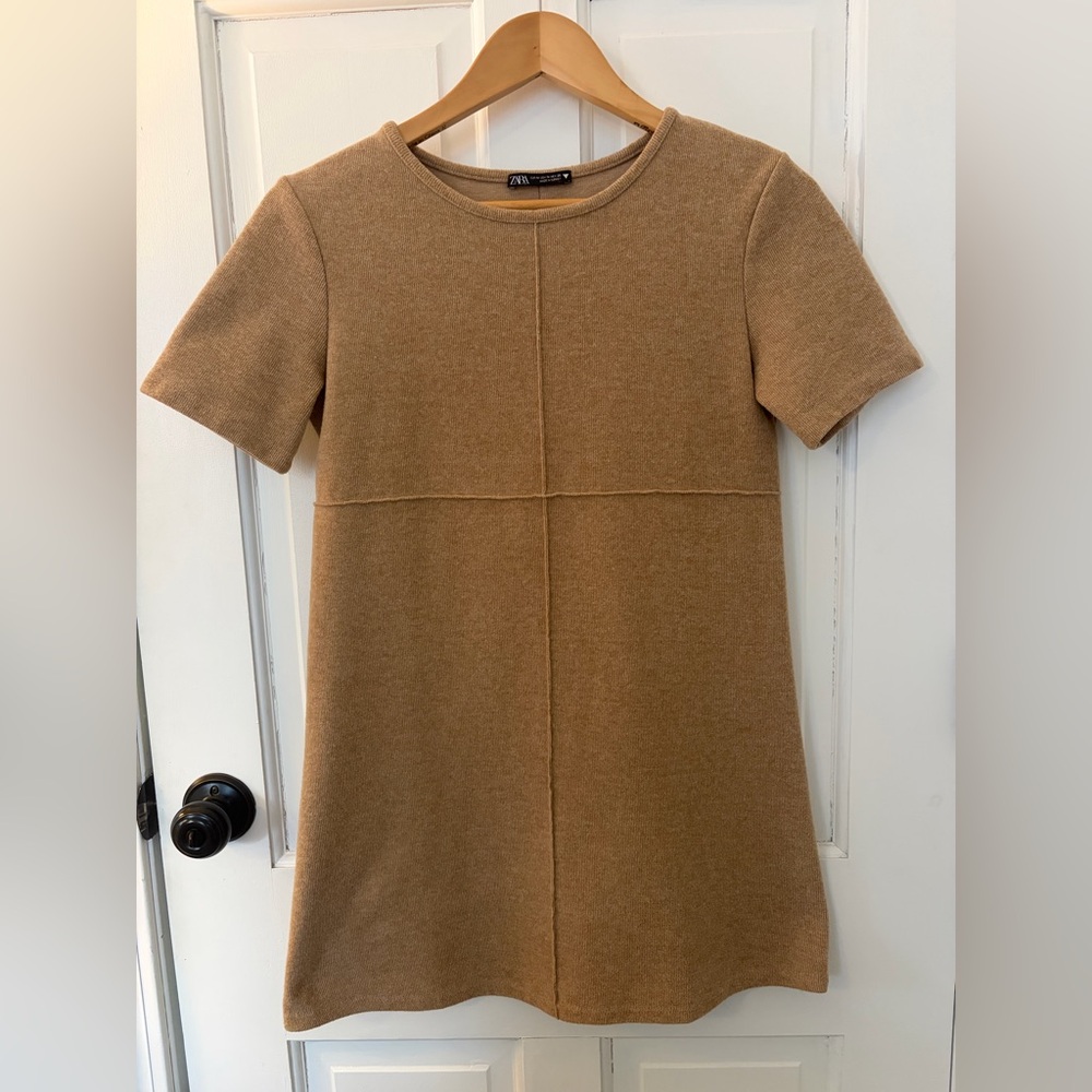 Zara Camel Short Sleeve sweater shift Mini Dress women’s M